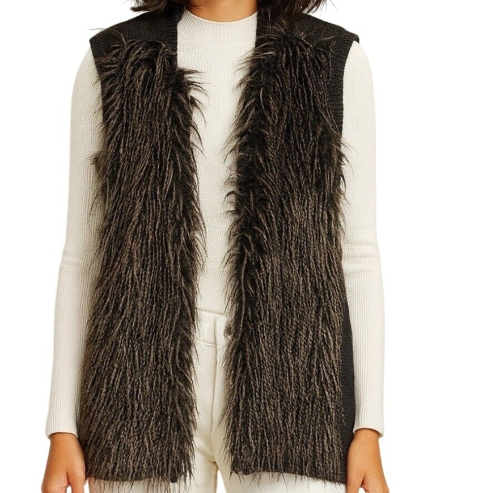 HM Womens Grey Faux Fur Knit Back Open Front Longline Vest Size Small